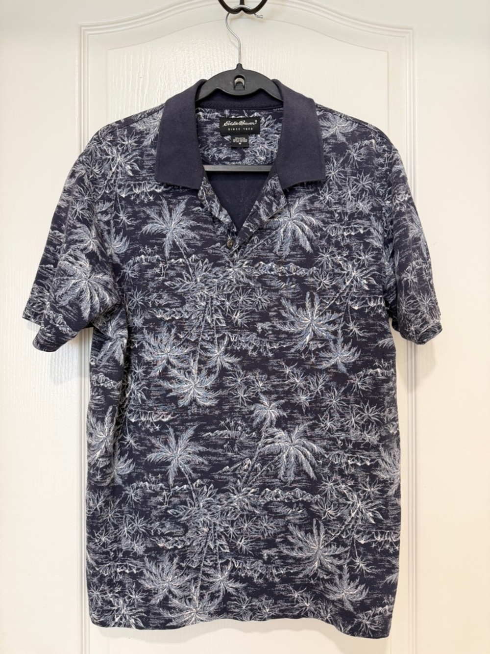 Eddie Bauer Palm Print Polo Shirt Men’s Medium Blue Tropical Short Sleeve